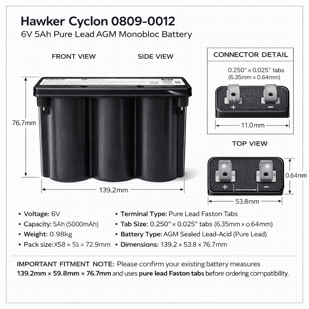 Hawker Cyclon 0809-0012 6V 5Ah Pure Lead AGM Battery Sealed Lead Acid (Special) Hawker Cyclon