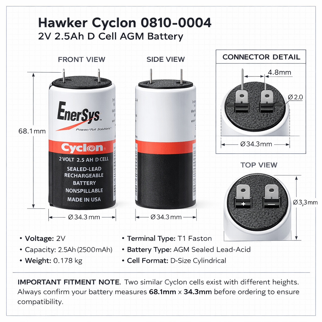 Hawker Cyclon Battery Fit's 0810-0004 D Size, 2v 2.5ah Sealed Lead Acid (Special) Hawker Cyclon