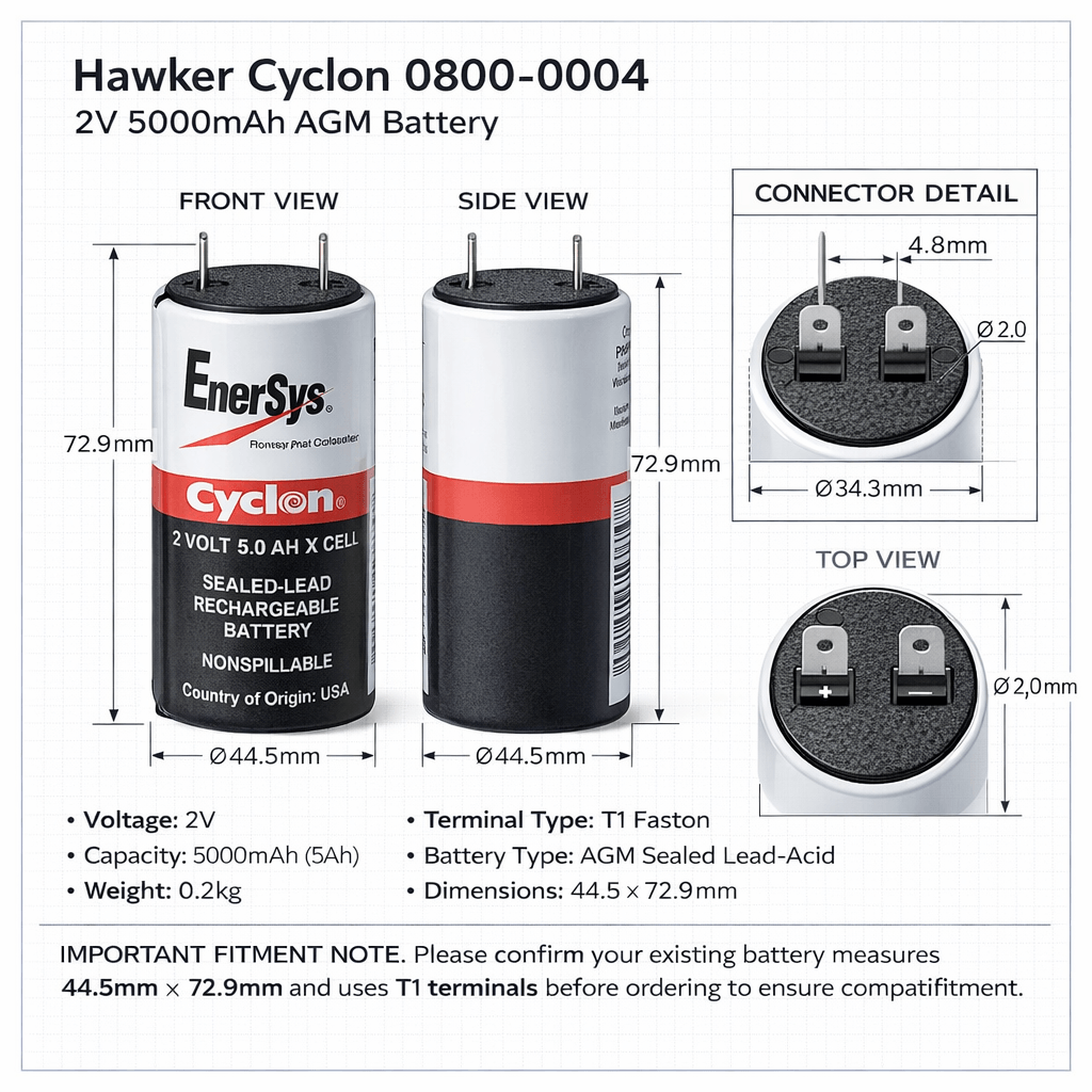 Hawker Cyclon Battery Fit's 0800-0004, 2v 5ah Sealed Lead Acid (Special) Hawker Cyclon