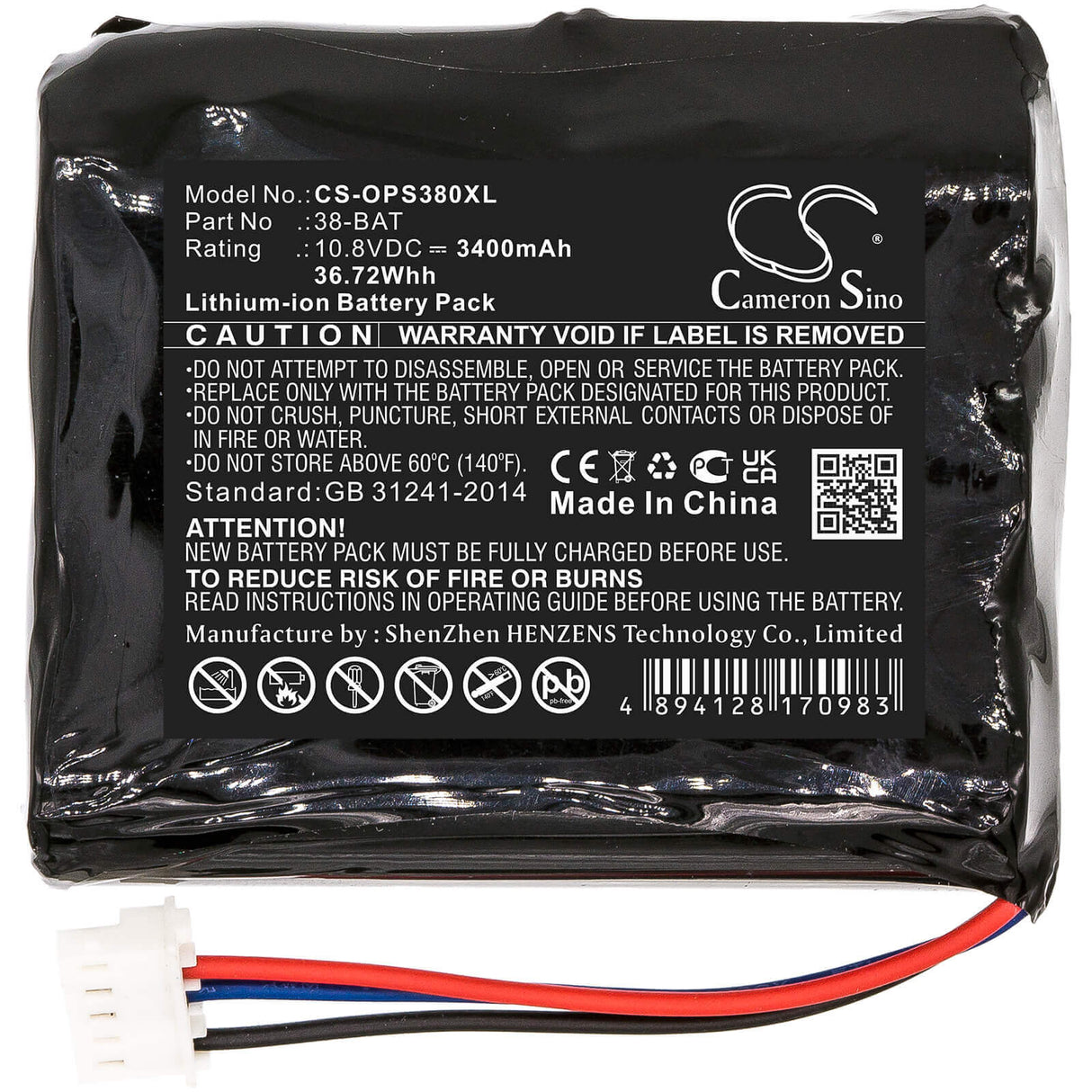 10,8V, Li-ion, 3400mAh, Batterie d'équipement compatible avec Olympus, 38-bat, 38DL Plus Épaisseur Ultrasonique, 38dl Plus Épaisseur Ultrasonique, 36,72Wh Équipement, Enquête, Test Cameron Sino Technology Limited