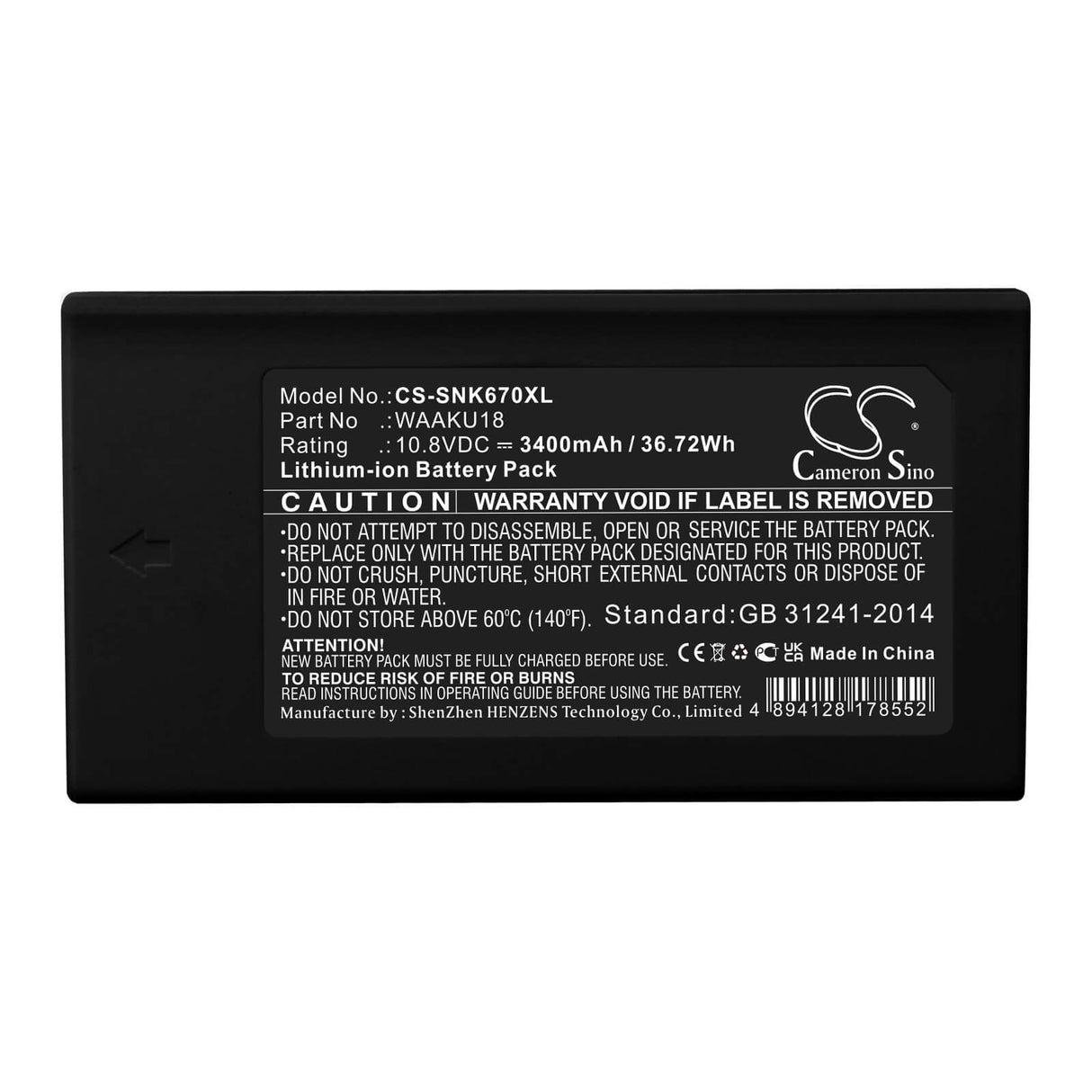 10.8V, Li-ion, 3400mAh, Thermal Camera battery fits Sonel, Waaku18, Kt-560, Kt-640, 36.72Wh Thermal Camera Cameron Sino Technology Limited