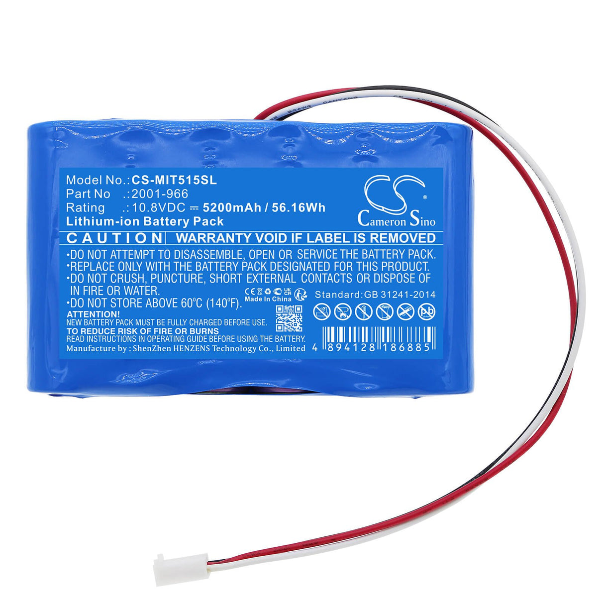 10,8 V, Li-ion, 5200 mAh, Batterie d'équipement compatible avec Megger, Testeur d'isolation Mit1025, Résistance d'isolation Mit515 T, 56,16 Wh Équipement, Enquête, Test Cameron Sino Technology Limited