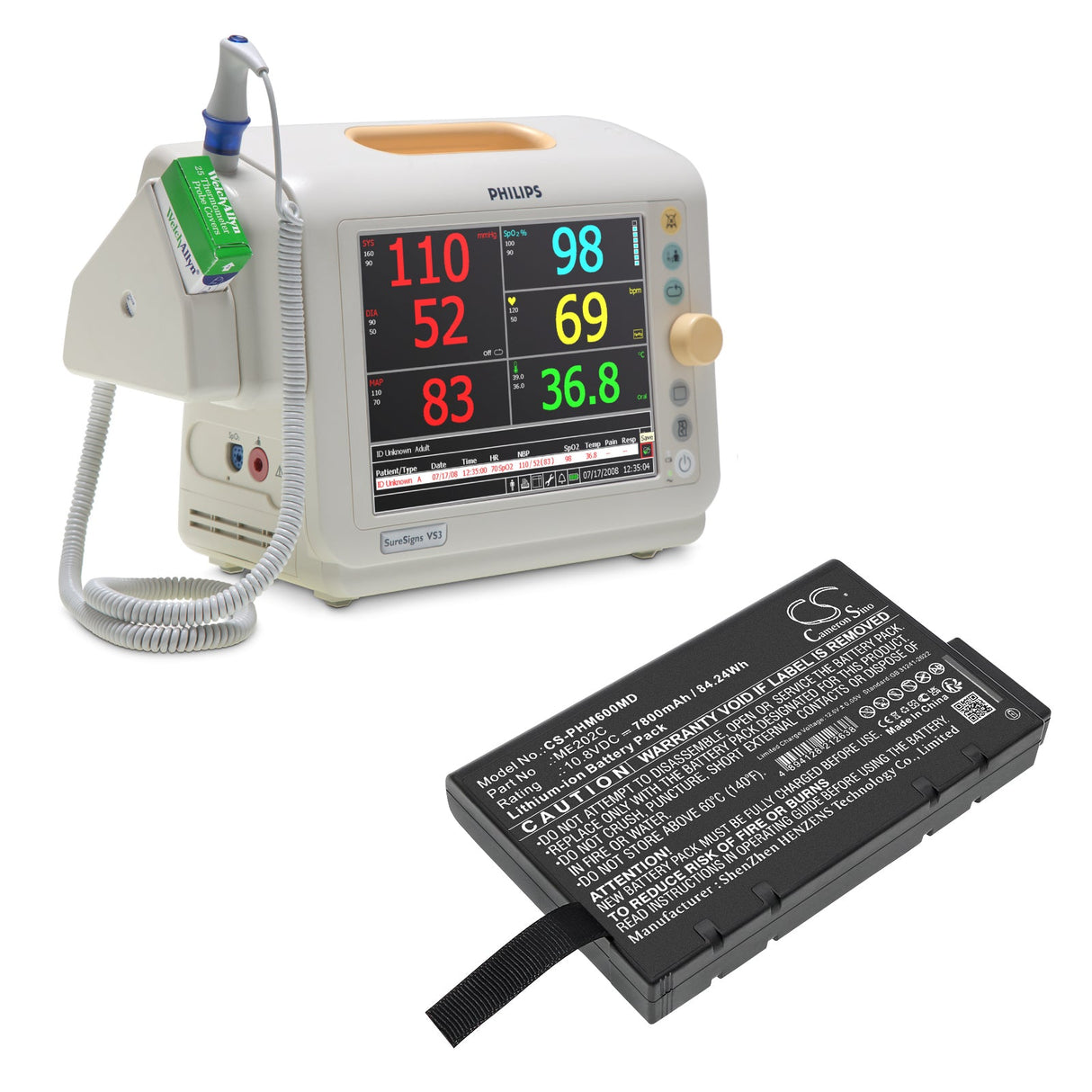 10.8V, Li-ion, 7800mAh, Medical battery fits Philips, Suresign ( 863283), Suresigns V24e, 84.24Wh Medical Cameron Sino Technology Limited (Medical)