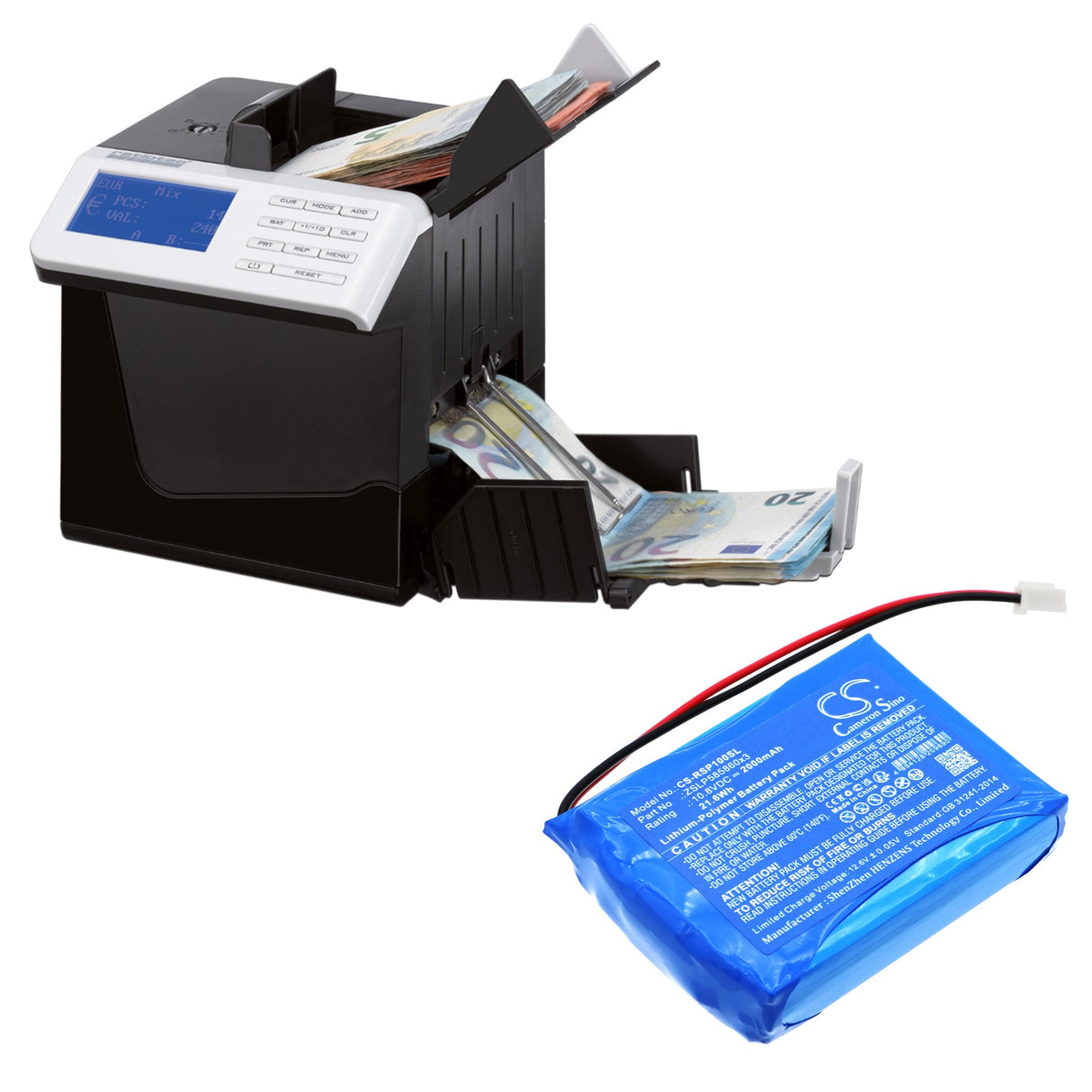 10,8V, Li-Polymer, 2000mAh, batterie de caisse enregistreuse compatible avec Ratiotec, Rapidcount Compact, 21,6Wh Caisse enregistreuse Cameron Sino Technology Limited