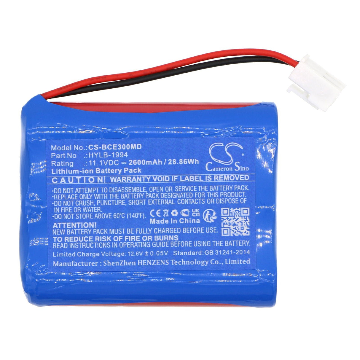 11.1V, Li-ion, 2600mAh, Batterie médicale compatible avec Biocare, 2030046, Ie101, Ie3000, 28.86Wh Médical Cameron Sino Technology Limited (Médical)