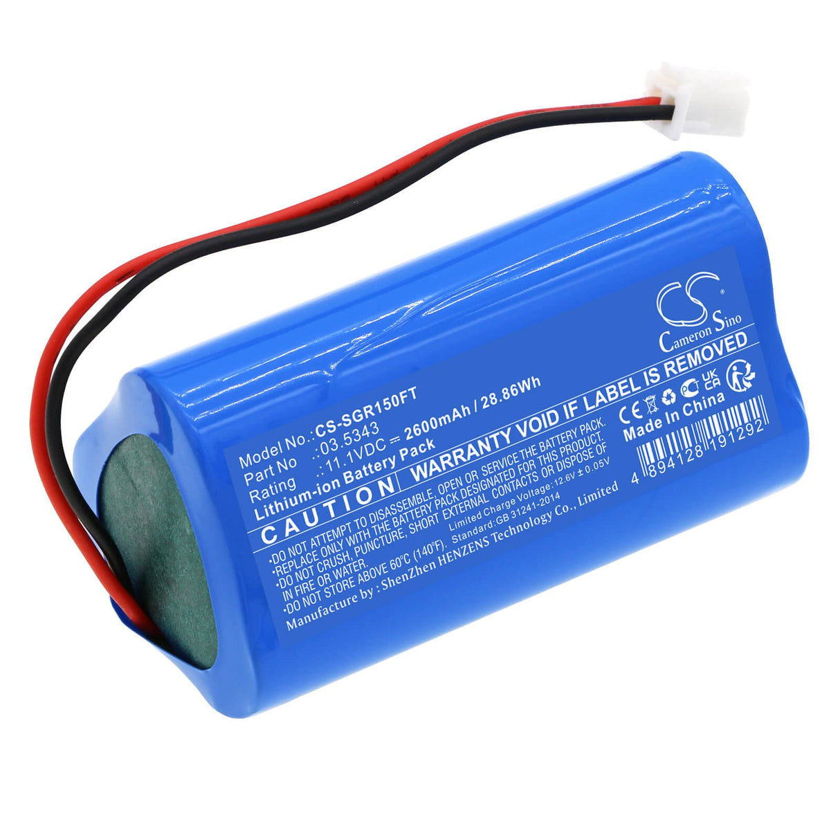 11.1V, Li-ion, 2600mAh, Batterie de lampe de poche compatible avec Scangrip, 3.5343, 3.5451, Vega 1500 C+r, 28.86Wh Lampe de poche Cameron Sino Technology Limited