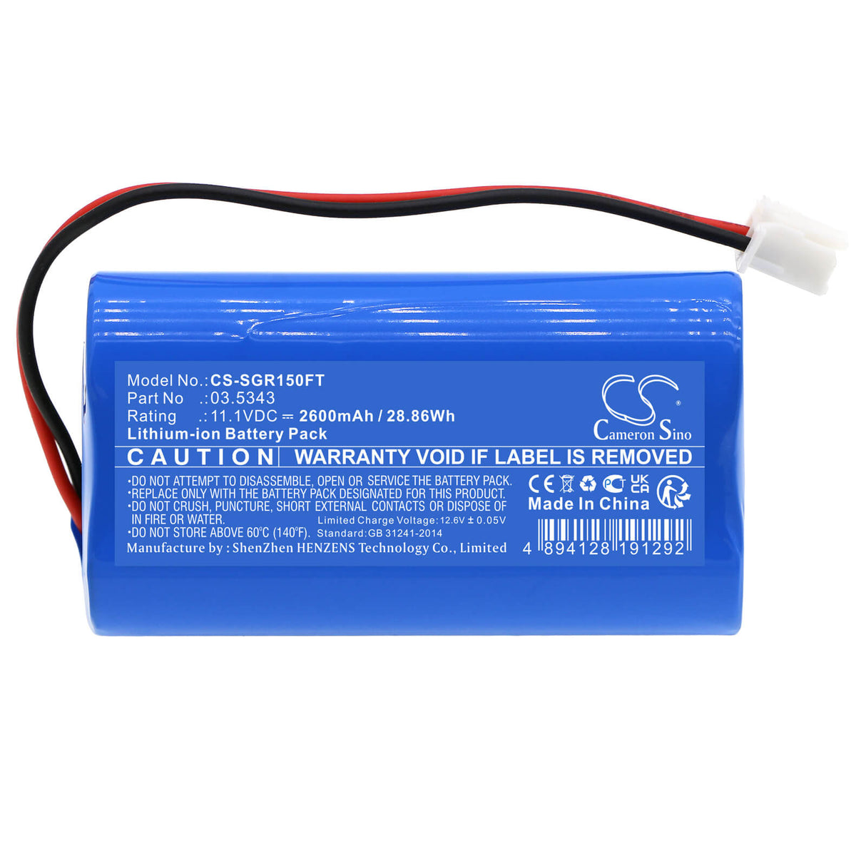 11.1V, Li-ion, 2600mAh, Batterie de lampe de poche compatible avec Scangrip, 3.5343, 3.5451, Vega 1500 C+r, 28.86Wh Lampe de poche Cameron Sino Technology Limited