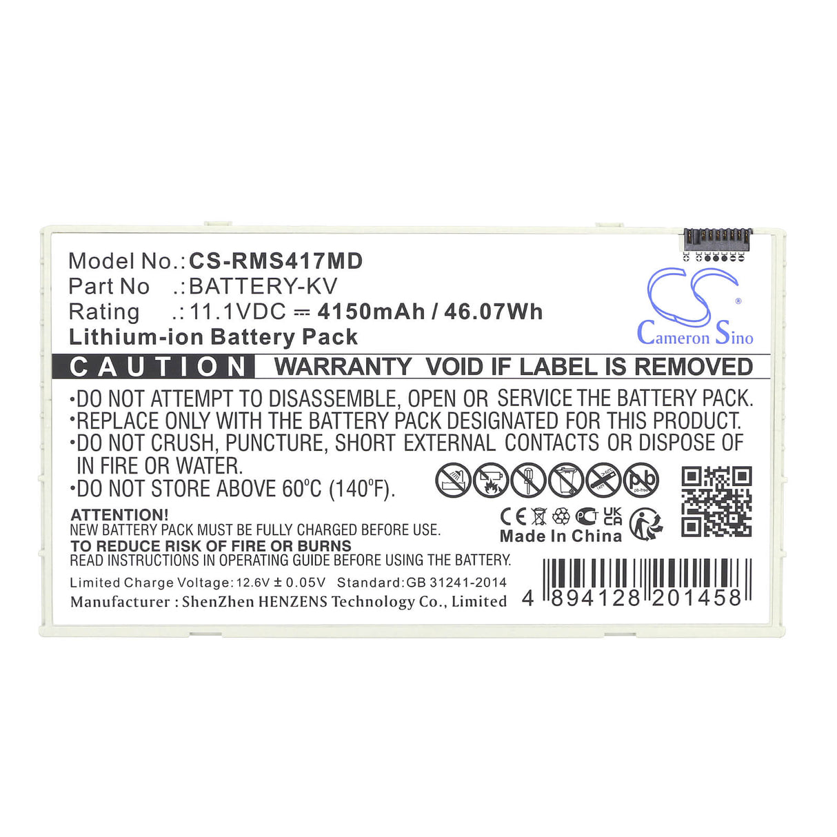 11.1V, Li-ion, 4150mAh, Medical battery fits Iray, Battery-kv, Mars1417v, Mars1417v Flat Panel Detector, 46.07Wh Medical Cameron Sino Technology Limited (Medical)