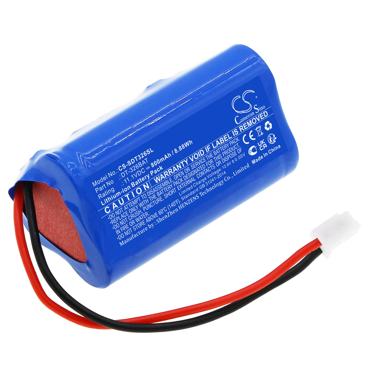 11.1V, Li-ion, 800mAh, Batterie d'équipement compatible avec Shimpo, Dt-326bat, DT-326B, Dt-326b Strobe, 8.88Wh Équipement, Enquête, Test Cameron Sino Technology Limited
