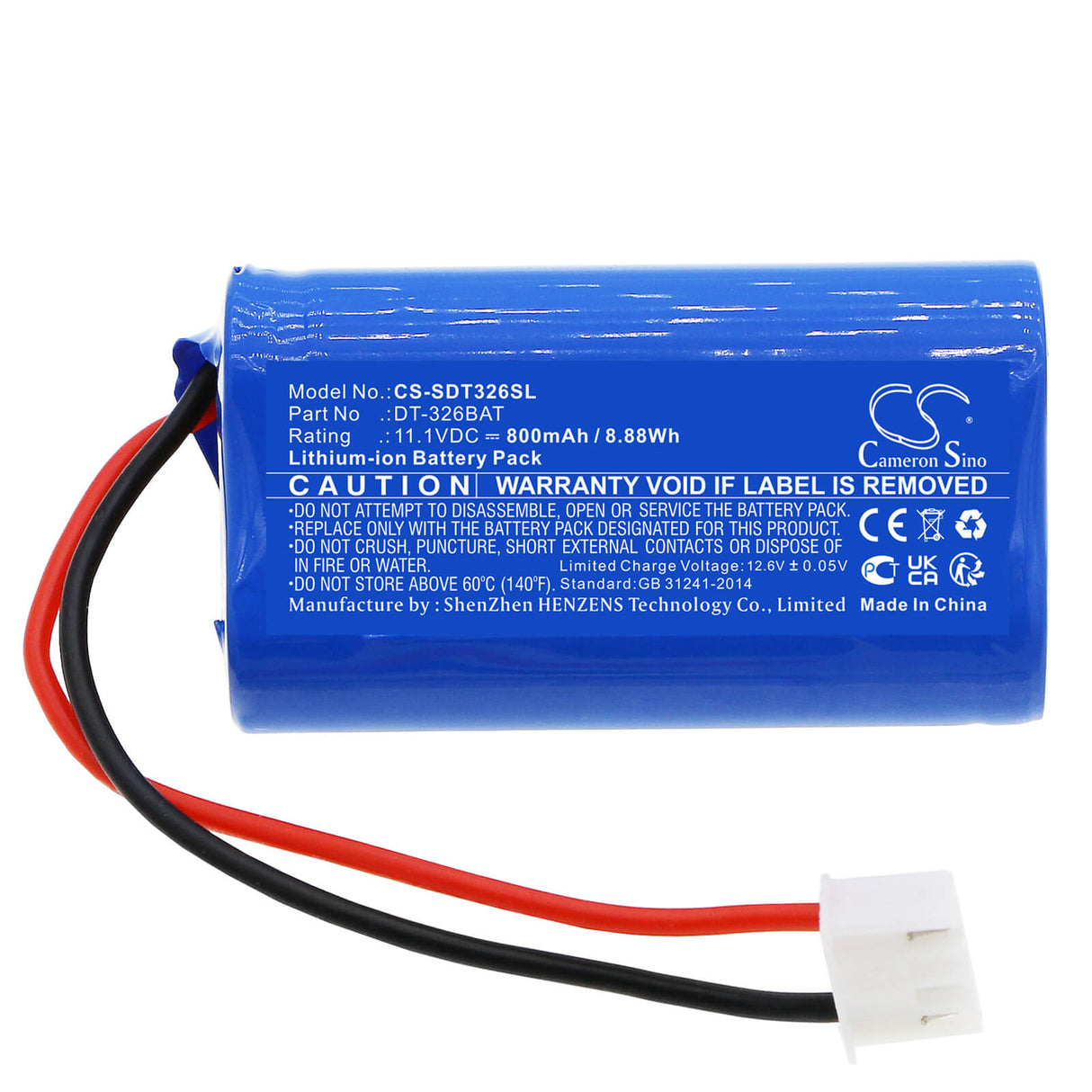 11.1V, Li-ion, 800mAh, Batterie d'équipement compatible avec Shimpo, Dt-326bat, DT-326B, Dt-326b Strobe, 8.88Wh Équipement, Enquête, Test Cameron Sino Technology Limited