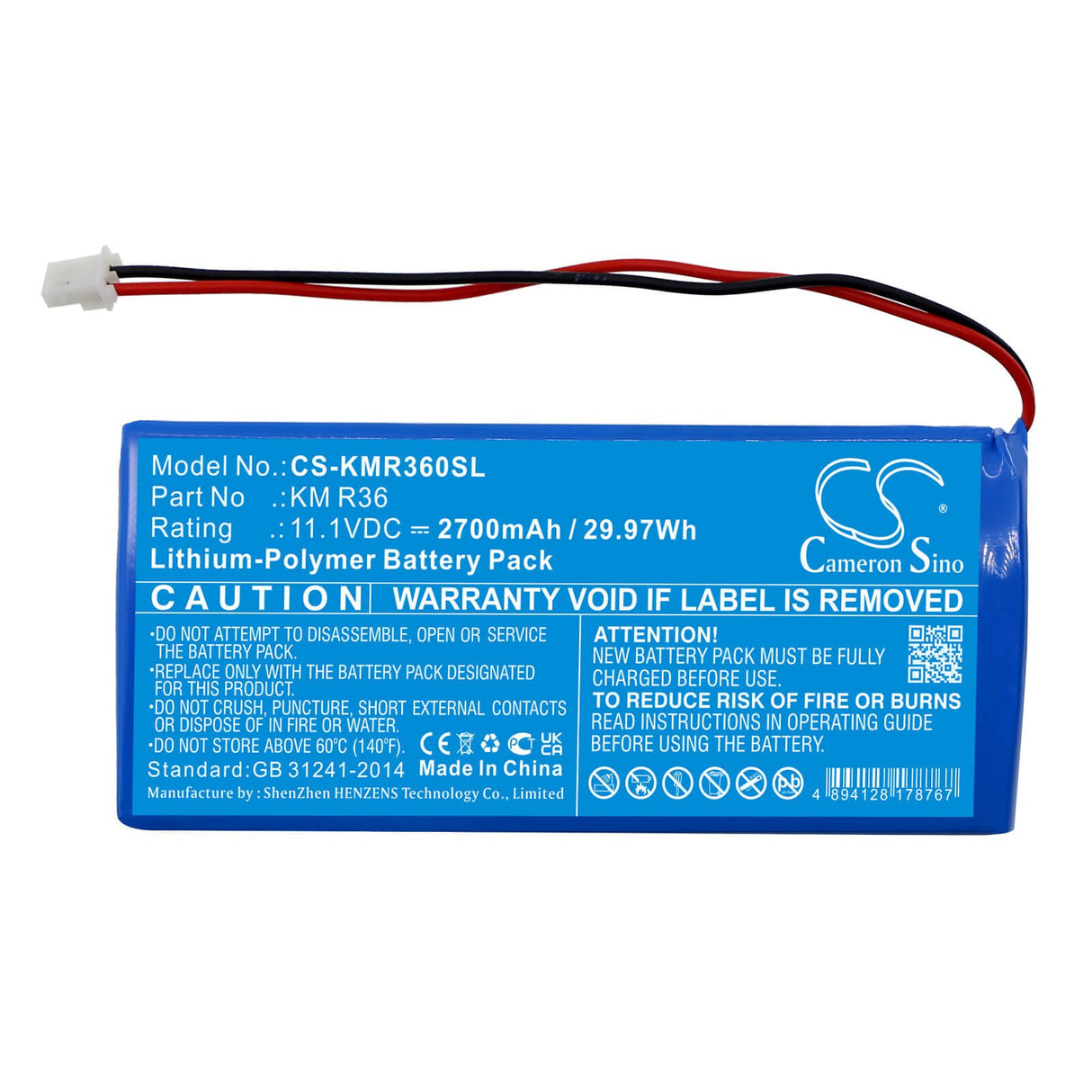 11.1V, Li-Polymer, 2700mAh, Batterie d'équipement compatible avec Kanomax, Km R36, KM R36 Gasmaster, 29.97Wh Équipement, Enquête, Test Cameron Sino Technology Limited