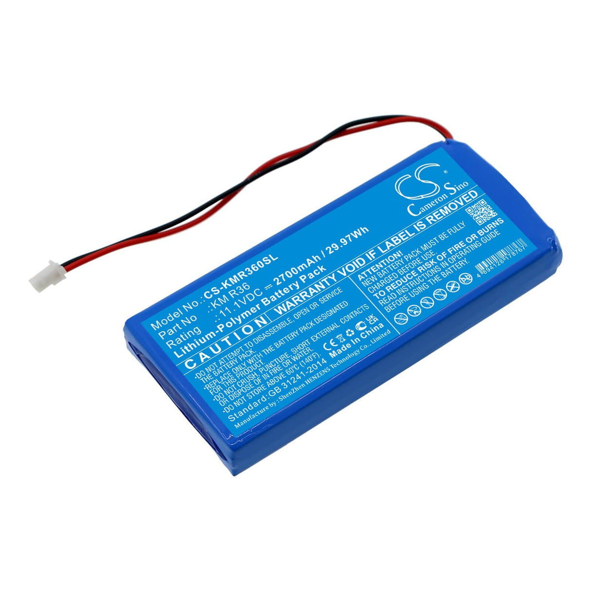 11.1V, Li-Polymer, 2700mAh, Batterie d'équipement compatible avec Kanomax, Km R36, KM R36 Gasmaster, 29.97Wh Équipement, Enquête, Test Cameron Sino Technology Limited