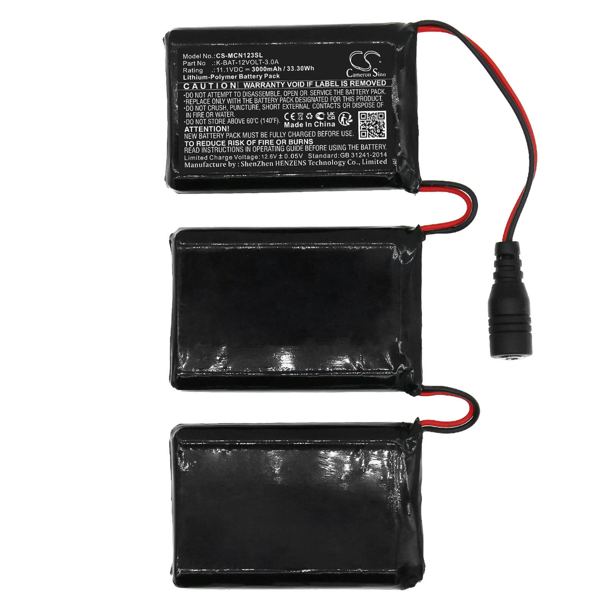 11.1V, Li-Polymer, 3000mAh, batterie pour vêtements chauffants compatible avec Macna, K-bat-12volt-3.0a, Gants 12v 3a 3, 33.3Wh Vêtements chauffants Cameron Sino Technology Limited
