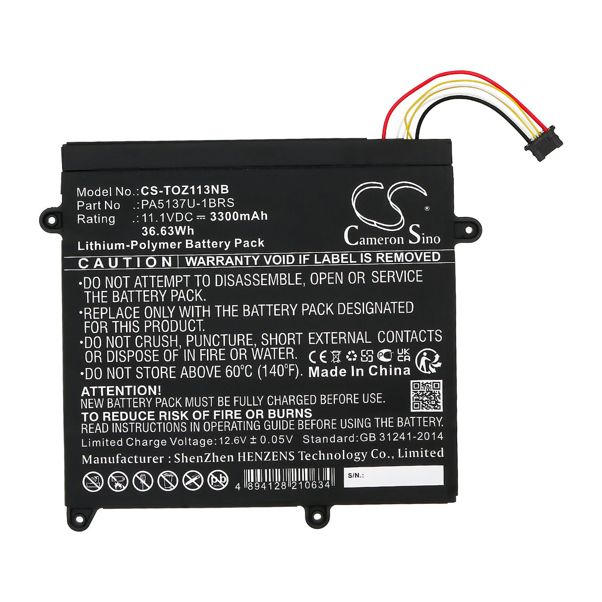 11.1V, Li-Polymer, 3300mAh, Tablet battery fits Toshiba, Portege Z10t-a, Portege Z10t-a-102, 36.63Wh Tablet Cameron Sino Technology Limited