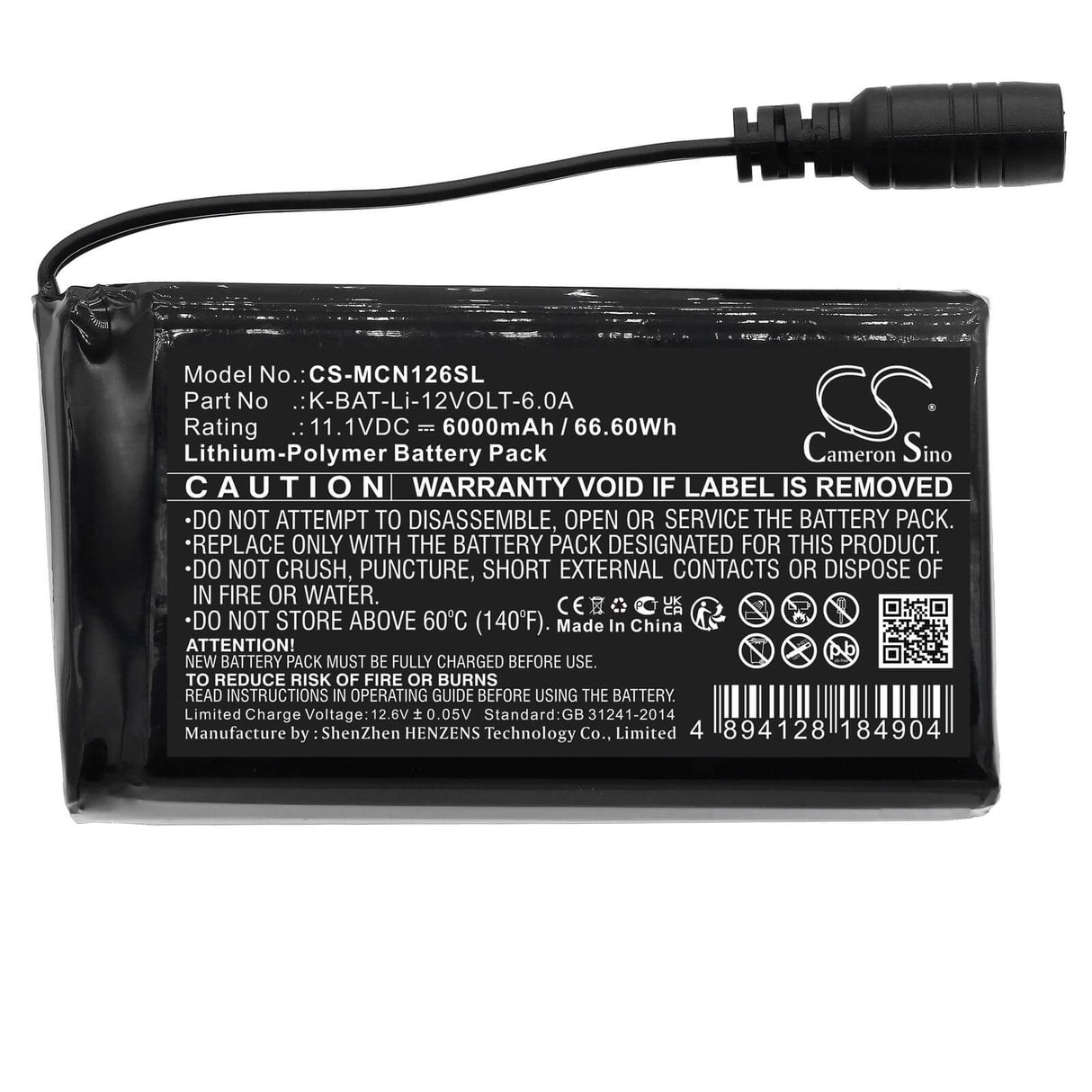 11.1V, Li-Polymer, 6000mAh, Heated Clothes battery fits Macna, K-bat-li-12volt-6.0a, Li-po 12v 6a, 66.6Wh Heated Clothes Cameron Sino Technology Limited