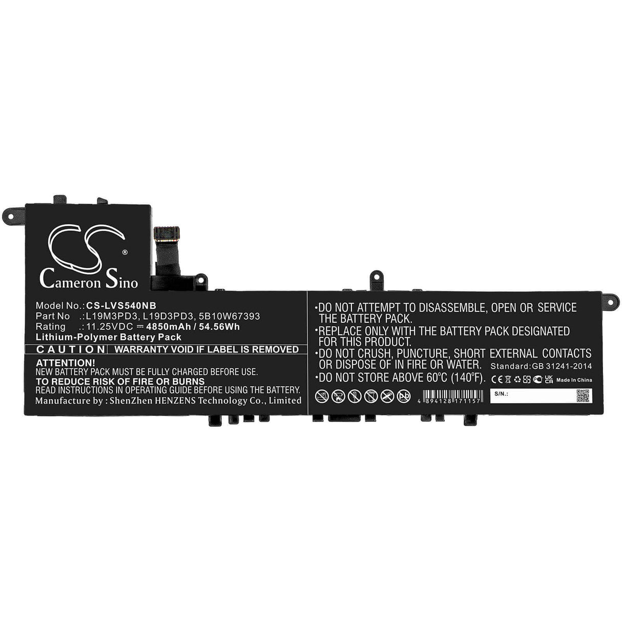 11.25v, Li-polymer, 4850mah, Battery Fit's Lenovo, Ideapad S540 13are, Ideapad S540 13iml, Ideapad S540-13, 54.56wh Notebook, Laptop Cameron Sino Technology Limited