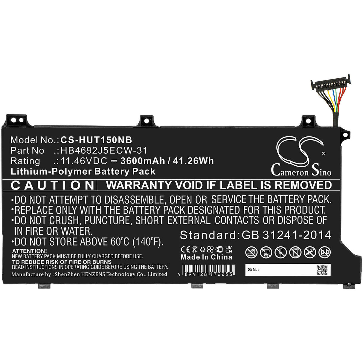 11.46v, Li-ion, 3600mah, Battery Fit's Huawei, Hly-19r, Kpl-woob, Magicbook 14, 41.26wh Notebook, Laptop Cameron Sino Technology Limited