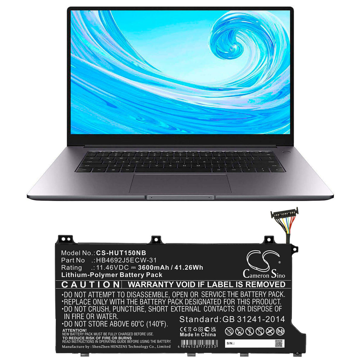 11.46v, Li-ion, 3600mah, Battery Fit's Huawei, Hly-19r, Kpl-woob, Magicbook 14, 41.26wh Notebook, Laptop Cameron Sino Technology Limited