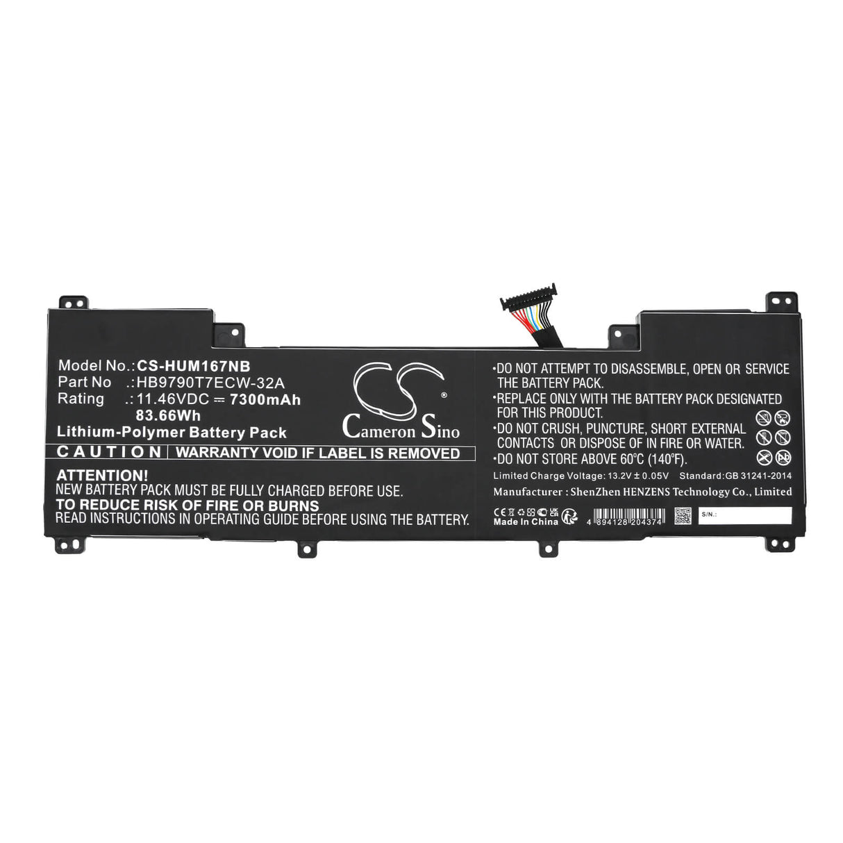11.46v, Li-polymer, 7300mah, Notebook battery Fits Huawei Matebook 16 Crem-wfd9, Matebook 16 Crem-wfg9, 83.66wh Notebook, Laptop Cameron Sino Technology Limited
