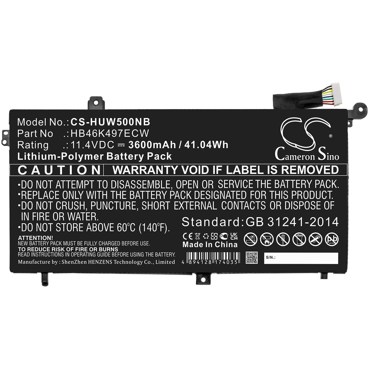11.4v, 3600mah, Li-polymer Battery Fit's Huawei, 53010baj, Matebook D, Matebook D I5 128g, 41.04wh Notebook, Laptop Cameron Sino Technology Limited