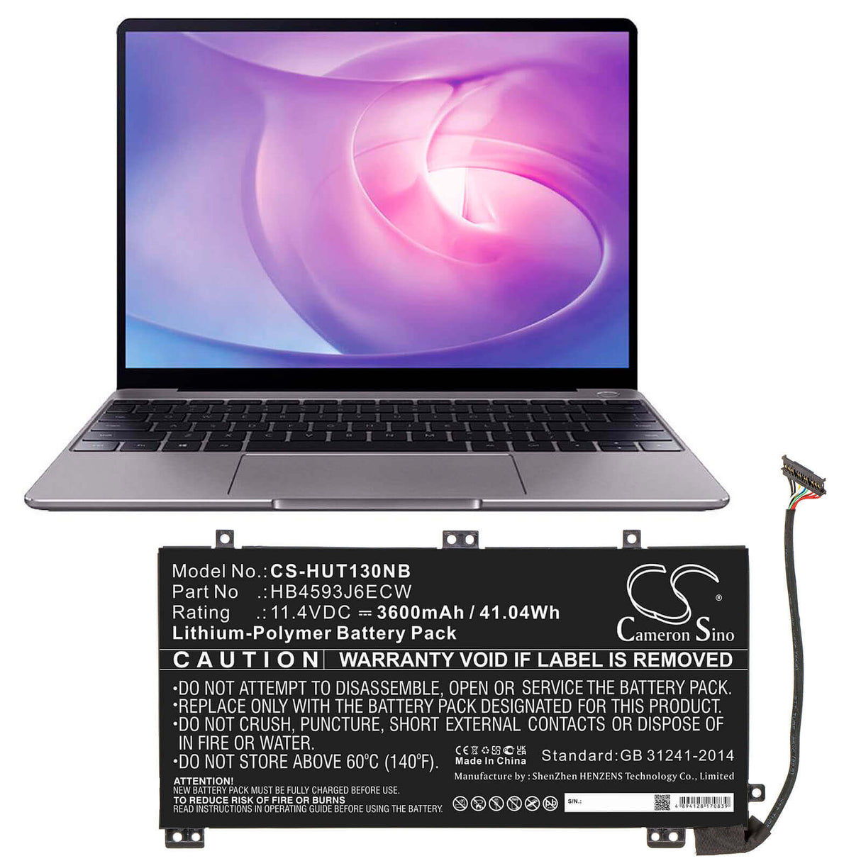 11.4v, Li-polymer, 3600mah, Battery Fit's Huawei, Matebook 13, Matebook 13 I7, Matebook13 2020, 41.04wh Notebook, Laptop Cameron Sino Technology Limited