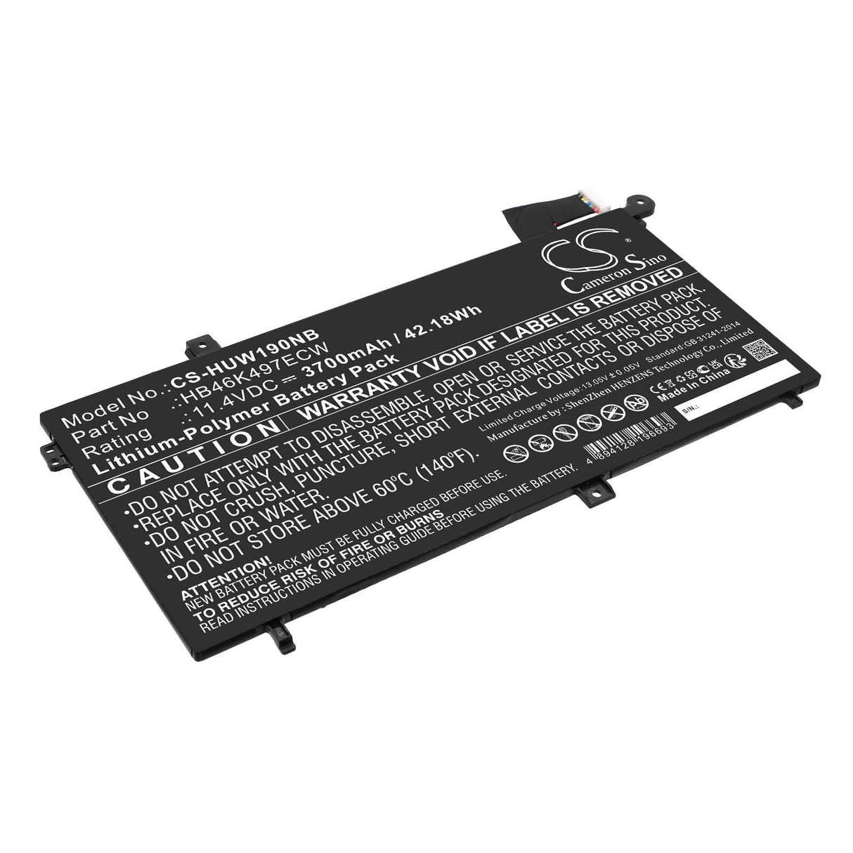 11.4v, Li-polymer, 3700mah, Battery Fits Huawei, Matebook D 2018, Matebook D 53010baj, 42.18wh Notebook, Laptop Cameron Sino Technology Limited