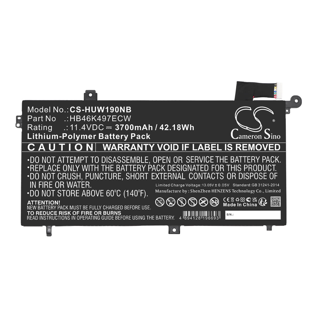 11.4v, Li-polymer, 3700mah, Battery Fits Huawei, Matebook D 2018, Matebook D 53010baj, 42.18wh Notebook, Laptop Cameron Sino Technology Limited