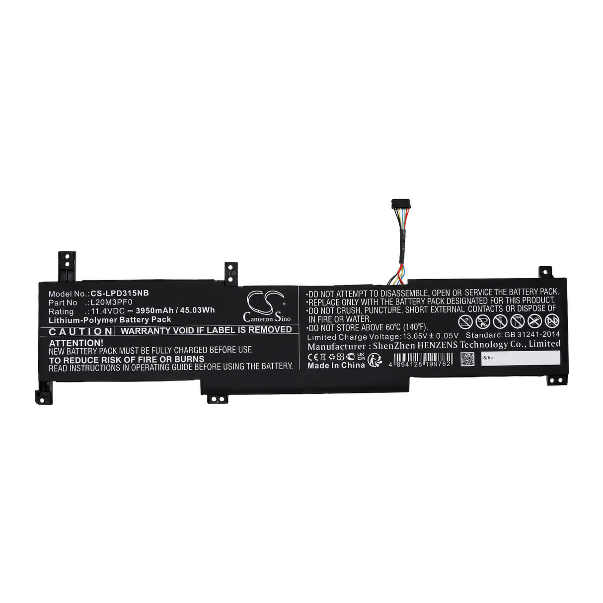 11.4V, Li-Polymer, 3950mAh, Battery fits Lenovo, Ideapad 3 14itl6 82h70048ph, Ideapad 3 14itl6 82h7009fsp, 45.03Wh Notebook, Laptop Cameron Sino Technology Limited