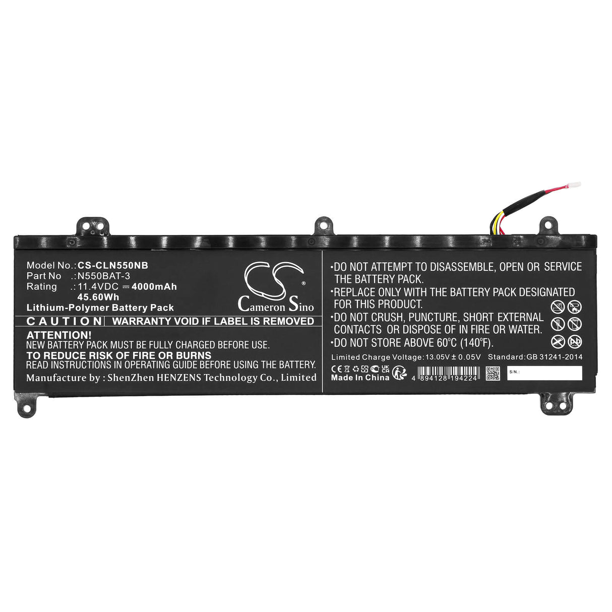 11.4v, Li-polymer, 4000mah, Battery Fits Clevo, N550rn, N551rc, 45.60wh Notebook, Laptop Cameron Sino Technology Limited