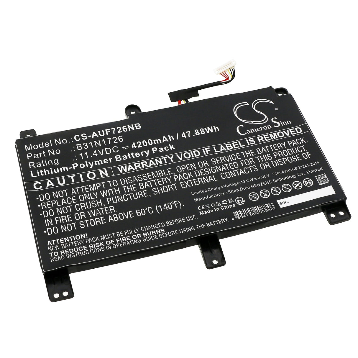 11.4V, Li-Polymère, 4200mAh, Batterie d'ordinateur portable, convient pour Asus, Fx504, Fx504g, 47.88Wh Ordinateur portable, Cameron Sino Technology Limited