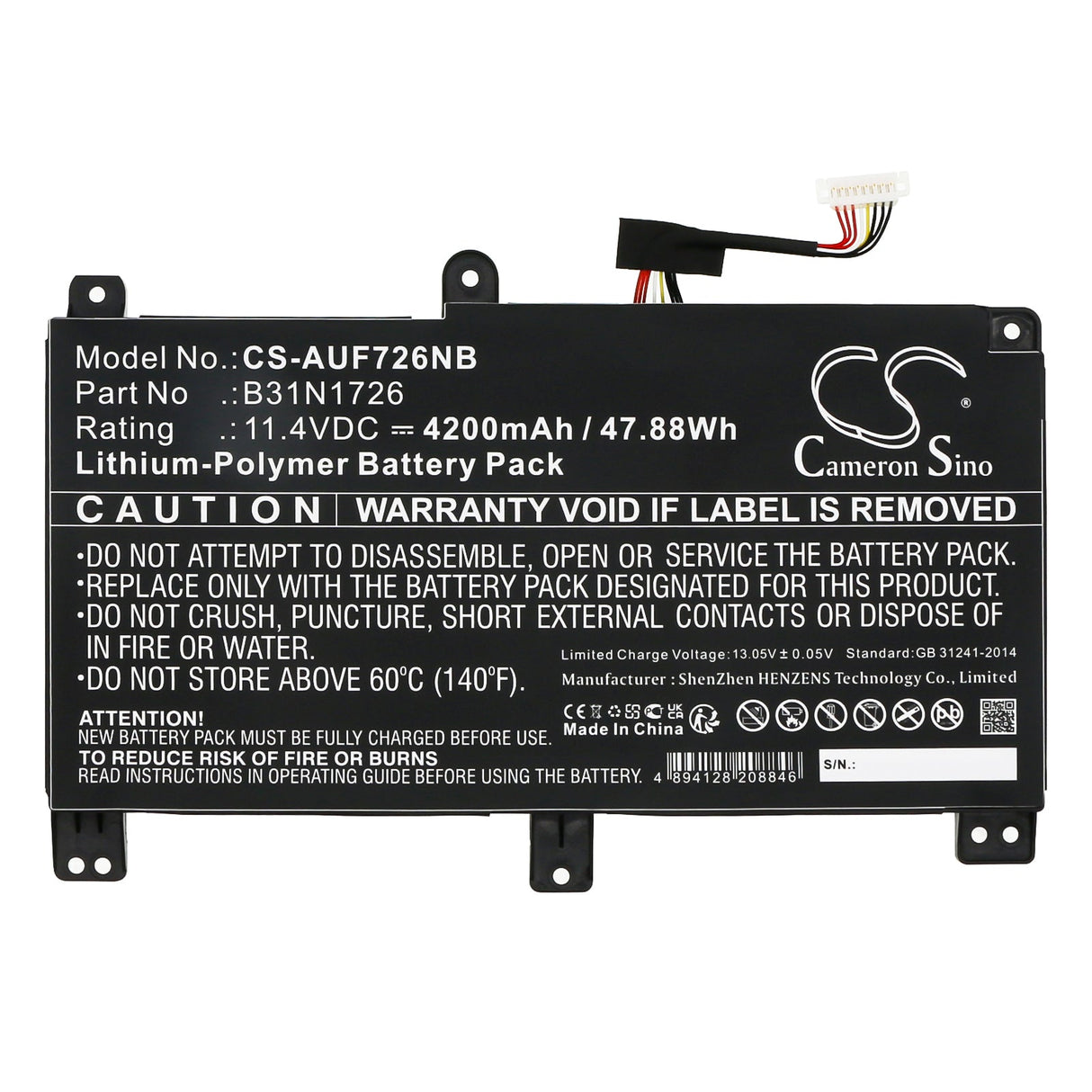 11.4V, Li-Polymère, 4200mAh, Batterie d'ordinateur portable, convient pour Asus, Fx504, Fx504g, 47.88Wh Ordinateur portable, Cameron Sino Technology Limited