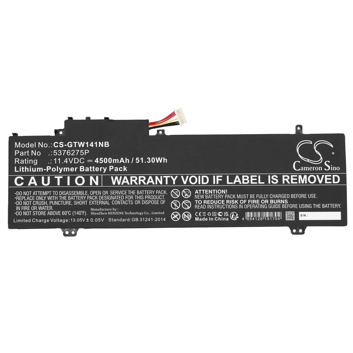 11.4v, Li-polymer, 4500mah, Battery Fits Gateway, Gwtn141-10bk, Gwtn141-10gr, 51.30wh Notebook, Laptop Cameron Sino Technology Limited