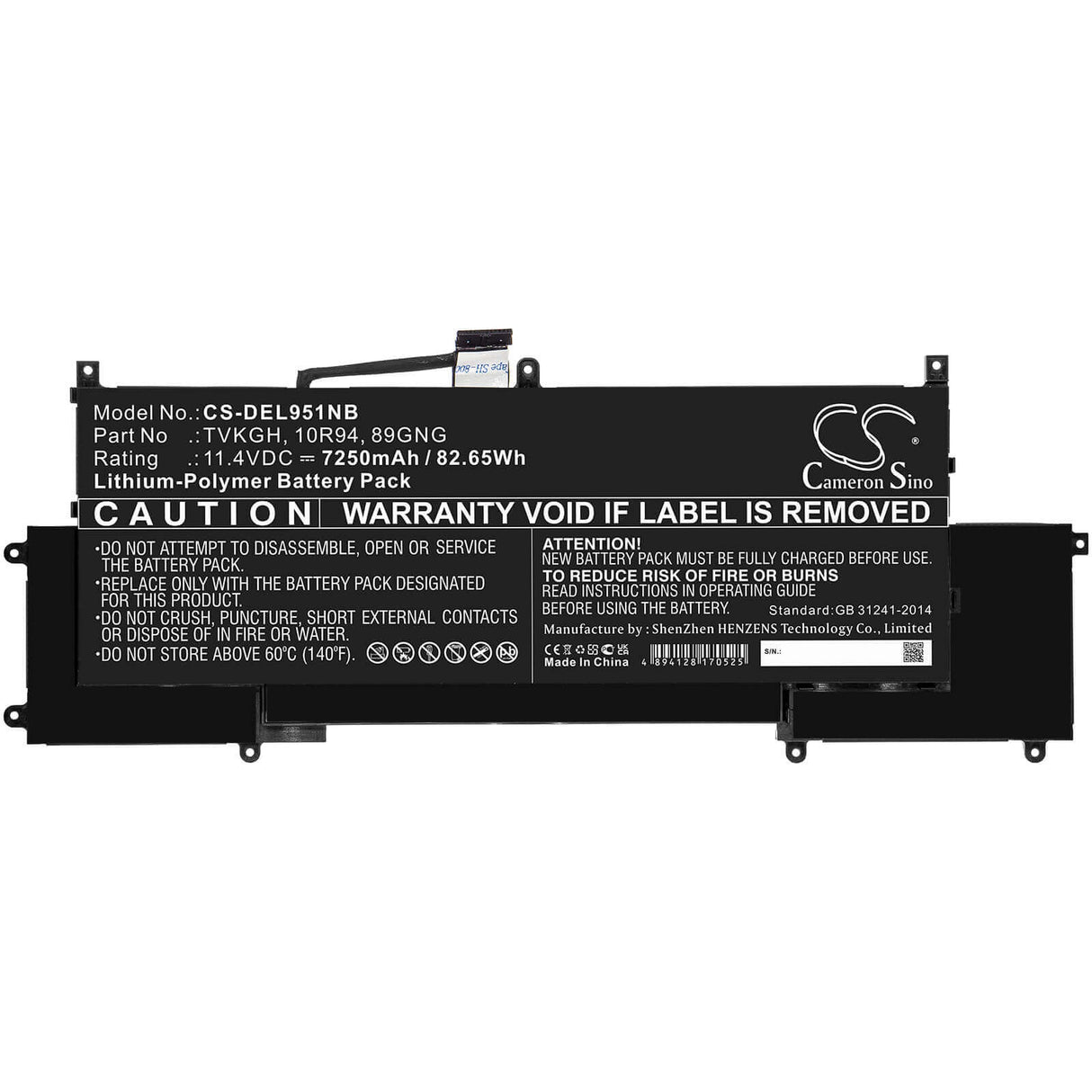 11.4v, Li-polymer, 7250mah, Battery Fit's Dell, Latitude 9510 2-in-1, 82.65wh Notebook, Laptop Cameron Sino Technology Limited