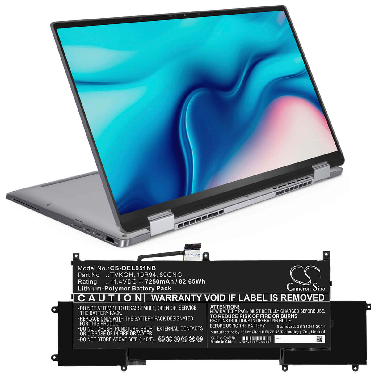 11.4v, Li-polymer, 7250mah, Battery Fit's Dell, Latitude 9510 2-in-1, 82.65wh Notebook, Laptop Cameron Sino Technology Limited