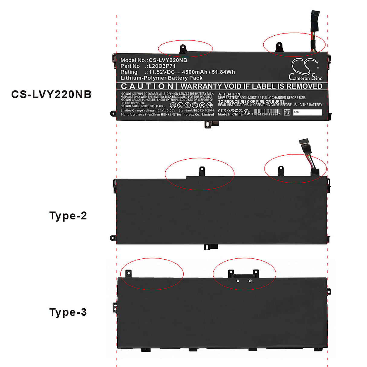 11.52V, Li-ion, 4500mAh, Notebook Battery fits Lenovo, Thinkpad X13 Yoga G2, Thinkpad X13 Yoga G2 20w80007z, 51.84Wh Notebook, Laptop Cameron Sino Technology Limited