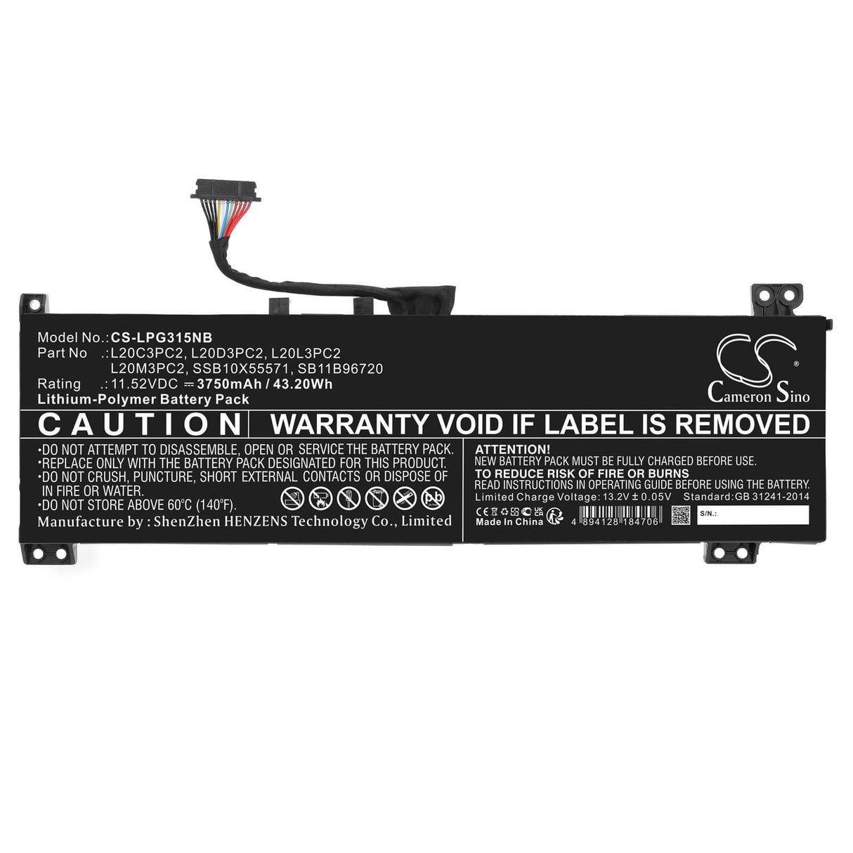 11.52v, Li-polymer, 3750mah, Battery Fits Lenovo, Ideapad 3 Gaming 15ach6 82k201, Ideapad G Gaming 3 15ach6 82k2, 43.20wh Notebook, Laptop Cameron Sino Technology Limited