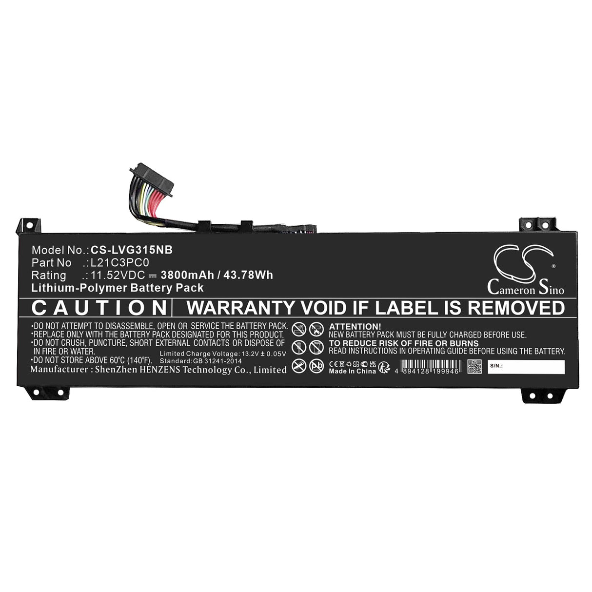 11.52V, Li-Polymer, 3800mAh, Battery fits Lenovo, Ideapad Gaming 3 15arh7 82sb00, Ideapad Gaming 3 15arh7 82sb00, 43.78Wh Notebook, Laptop Cameron Sino Technology Limited
