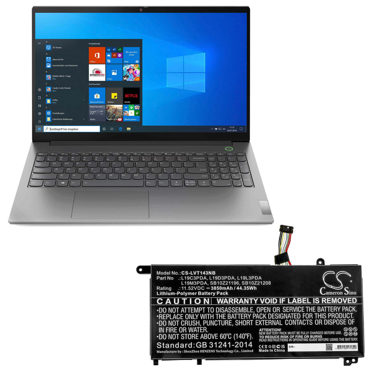 11.52v, Li-polymer, 3850mah, Battery Fit's Lenovo, Fru Tp1415 Lg, Thinkbook 14 G2 Itl, Thinkbook 14 G2 Itl 20vd000amx, 44.35wh Notebook, Laptop Cameron Sino Technology Limited