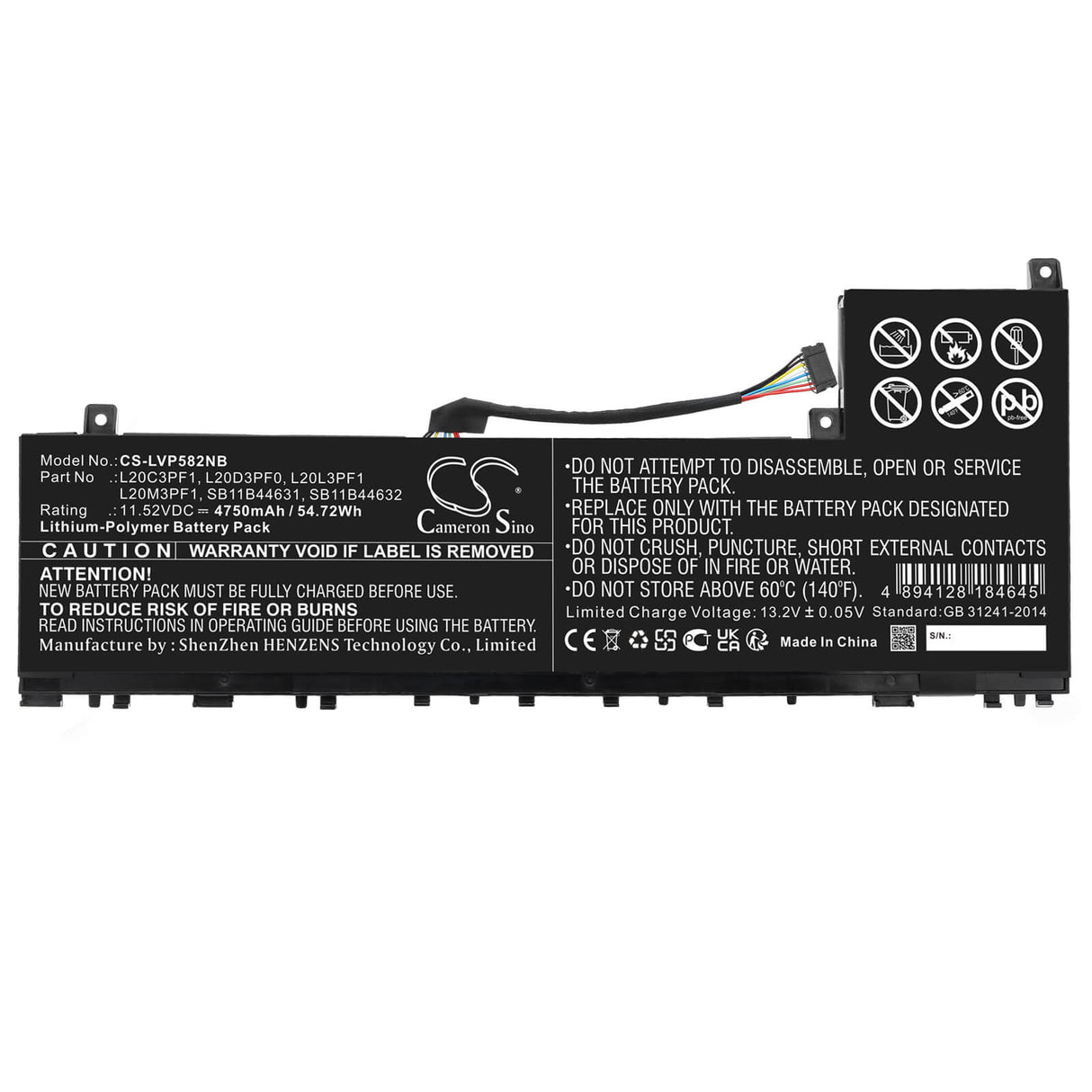 11.52v, Li-polymer, 4750mah, Battery Fits Lenovo, Ideapad 5 Pro 14acn6 82l50098t, Ideapad 5 Pro 14acn6 82l7000tr, 54.72wh Notebook, Laptop Cameron Sino Technology Limited