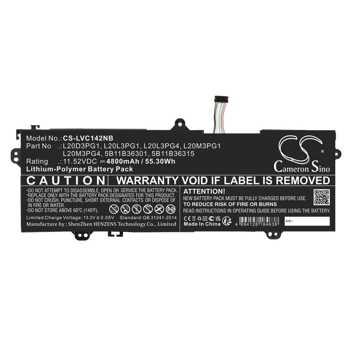 11.52v, Li-polymer, 4800mah, Battery Fits Lenovo, 14e Chromebook Gen 2 82m1000fu, 55.30wh Notebook, Laptop Cameron Sino Technology Limited