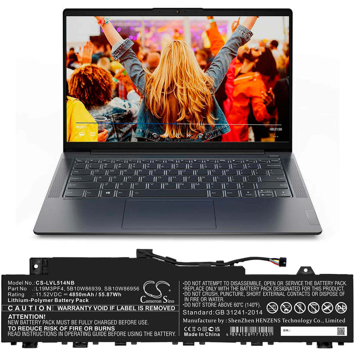 11.52v, Li-polymer, 4850mah, Battery Fit's Lenovo, Ducati 5 82es000dau, Ideapad 5 14are05, Ideapad 5 15are05-81yq002bmh, 55.87wh Notebook, Laptop Cameron Sino Technology Limited