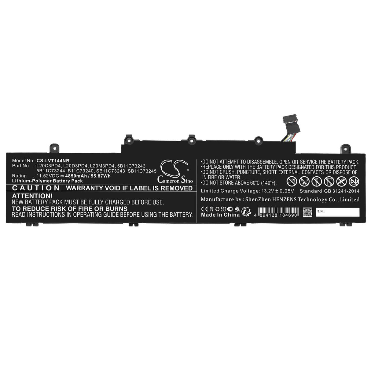11.52v, Li-polymer, 4850mah, Battery Fits Lenovo, Thinkpad E14 Gen 3 20y7003see, 55.87wh Notebook, Laptop Cameron Sino Technology Limited