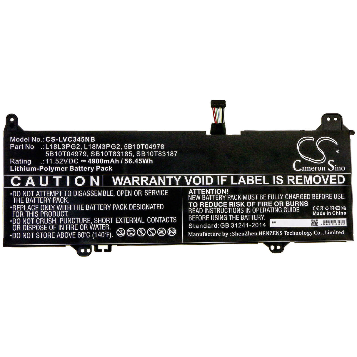 11.52v, Li-polymer, 4900mah, Battery Fit's Lenovo, L18d3pg2, 14e Chromebook 81mh0011au 56.45wh Notebook, Laptop Cameron Sino Technology Limited