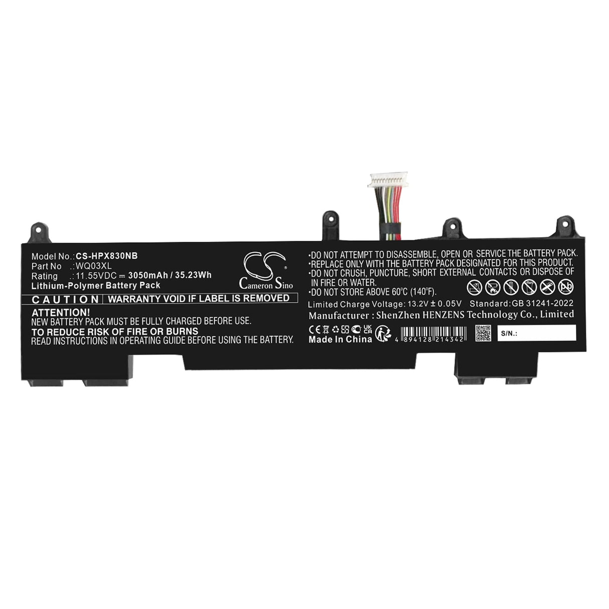 11.55V, Li-Polymer, 3050mAh, Notebook, Laptop battery fits Hp, 996qa243h, Elite X360 1040 14 G10, Elite X360 830 G10, 35.23Wh Notebook, Laptop Cameron Sino Technology Limited