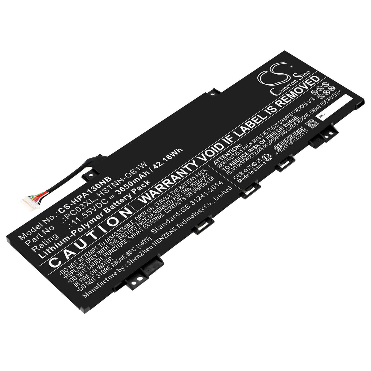 11.55v, Li-polymère, 3650mah, Batterie adaptée pour HP Pavilion Aero 13 Be0097nr, Pavilion Aero 13-be0000ns, 42.16wh Notebook, Laptop Cameron Sino Technology Limited