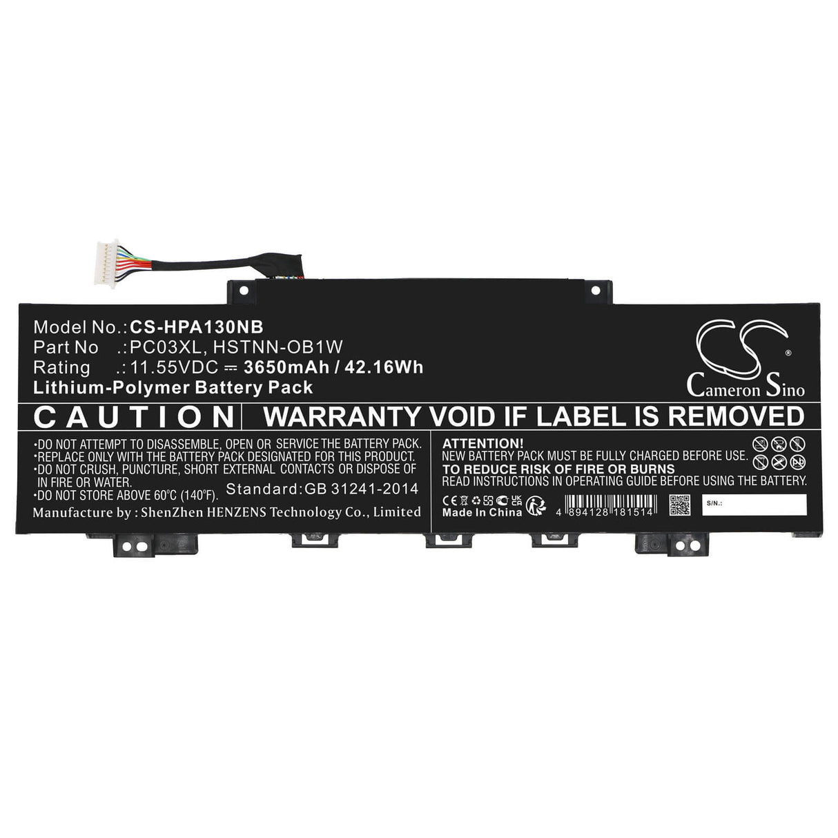 11.55v, Li-polymère, 3650mah, Batterie adaptée pour HP Pavilion Aero 13 Be0097nr, Pavilion Aero 13-be0000ns, 42.16wh Notebook, Laptop Cameron Sino Technology Limited