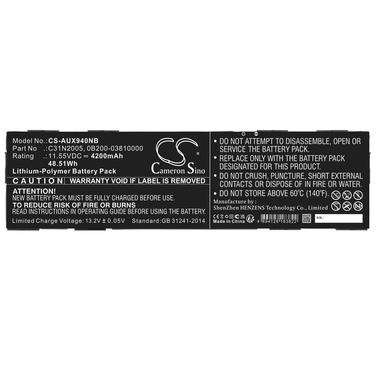 11.55v, Li-polymer, 4200mah, Battery Fits Asus, B3402fea, B3402fea-fvp1333r, 48.51wh Notebook, Laptop Cameron Sino Technology Limited