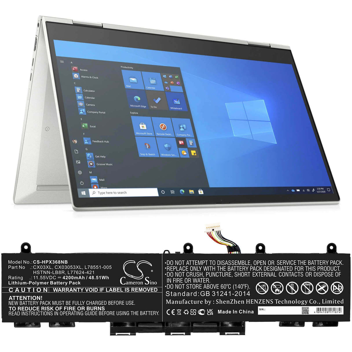 11.55v, Li-polymer, 4200mah, Battery Fit's Hp, Elitebook 855 G7, Elitebook X360 830 G7, Elitebook X360 830 G8, 48.51wh Notebook, Laptop Cameron Sino Technology Limited