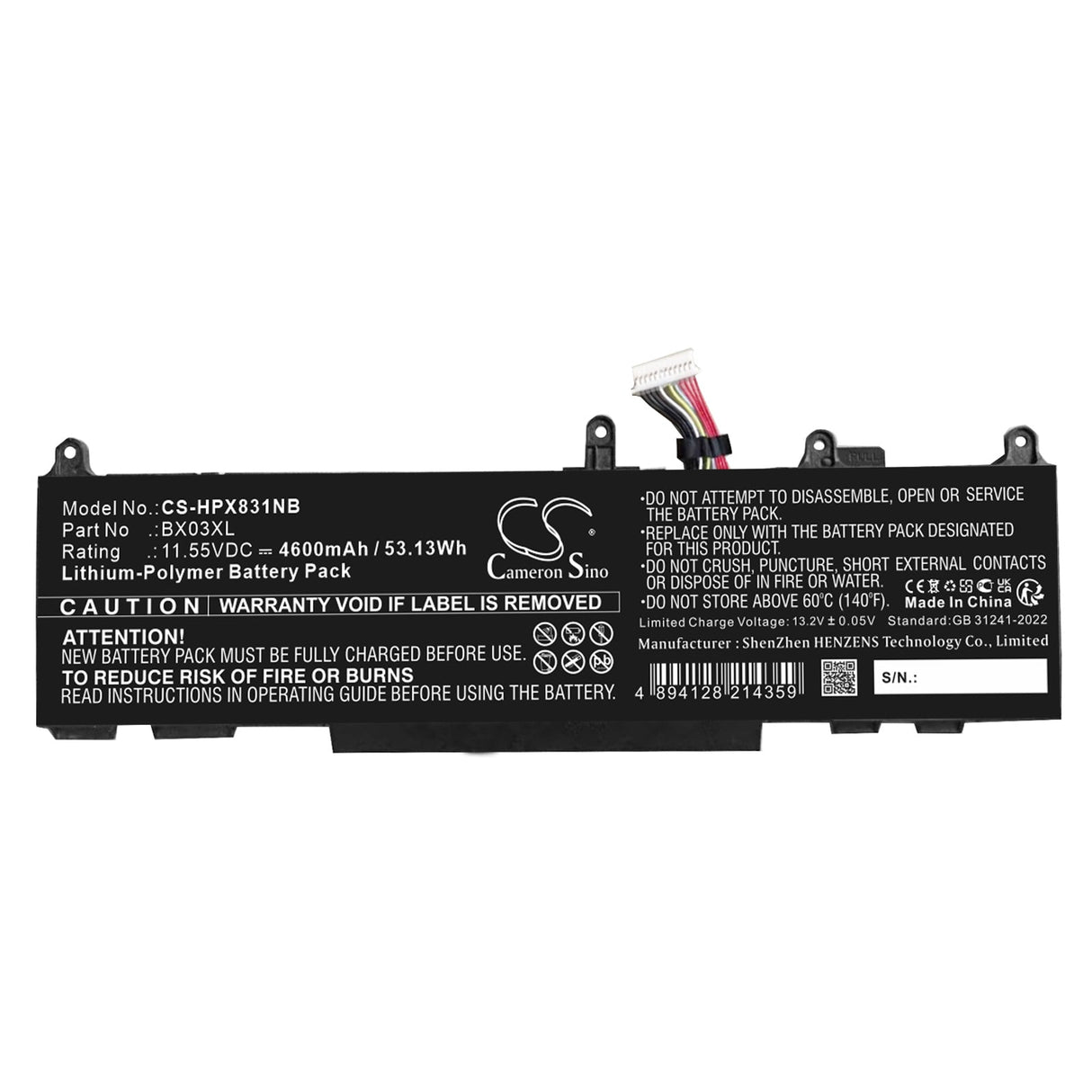 11.55V, Li-Polymer, 4600mAh, Notebook, Laptop battery fits Hp, 996qa249h, Elite X360 830 G11 2 In 1, Elite X360 830 G11 2 In 1 8l3m, 53.13Wh Notebook, Laptop Cameron Sino Technology Limited