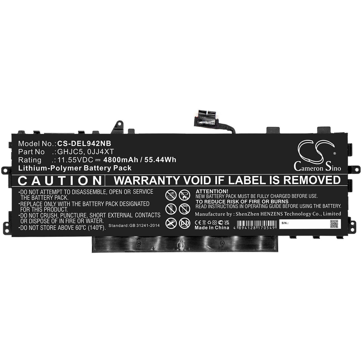 11.55v, Li-polymer, 4800mah, Battery Fit's Dell, Latitude 9420 2-in-1, 55.44wh Notebook, Laptop Cameron Sino Technology Limited